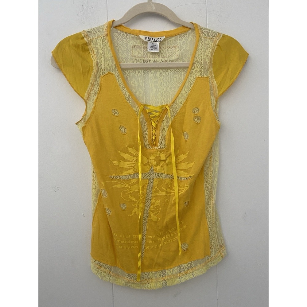 VTG Y2K Parasuco Denim Legend Yellow Lace-Up Cross Graphic Top Sheer Lace S